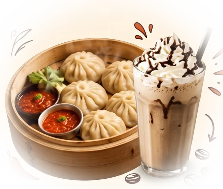 A bamboo steamer of momos with red chutney, next to a tall cold coffee topped with cream